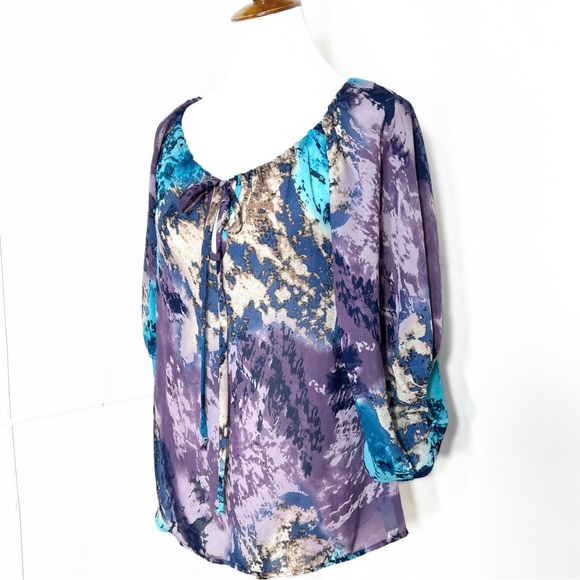 Romeo & Juliet Couture Pastel Watercolor Tie Neck Balloon Sleeve Peasant Top - Picture 3 of 10